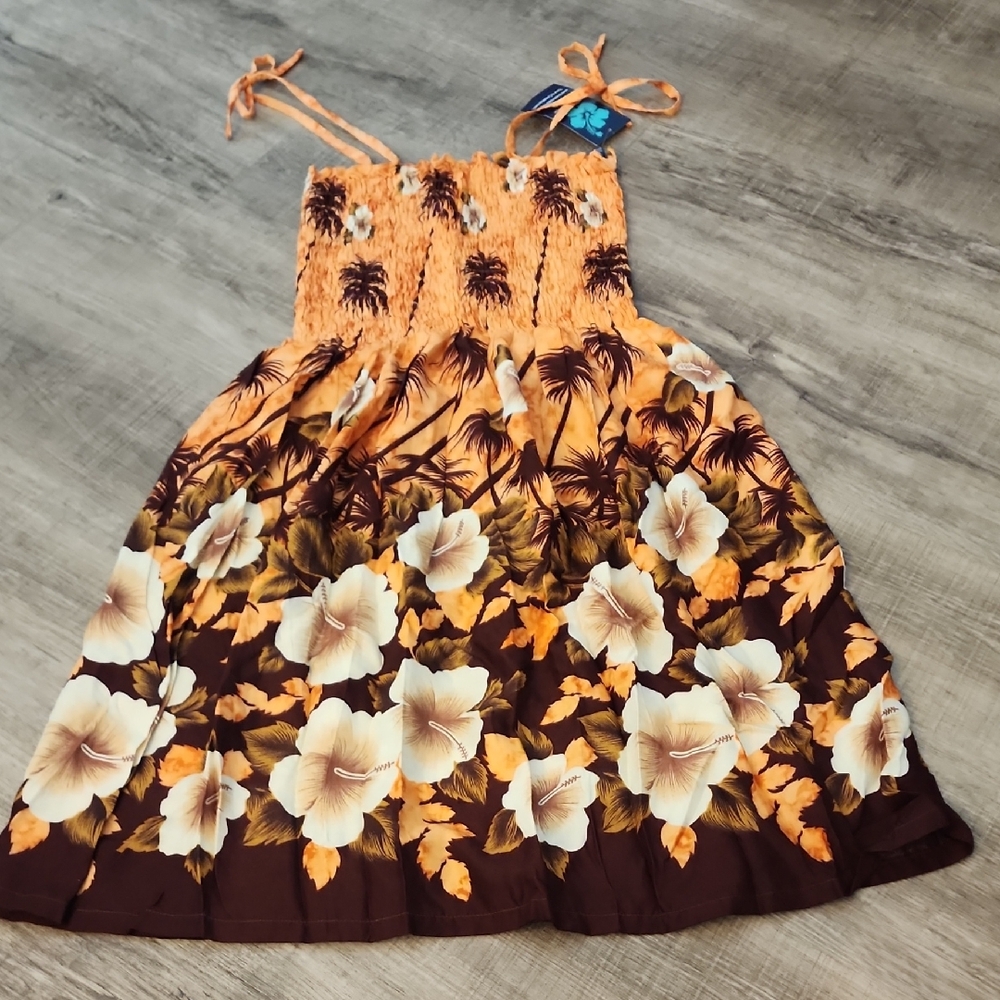 Orange and Brown Smocked Tie Front Sundress